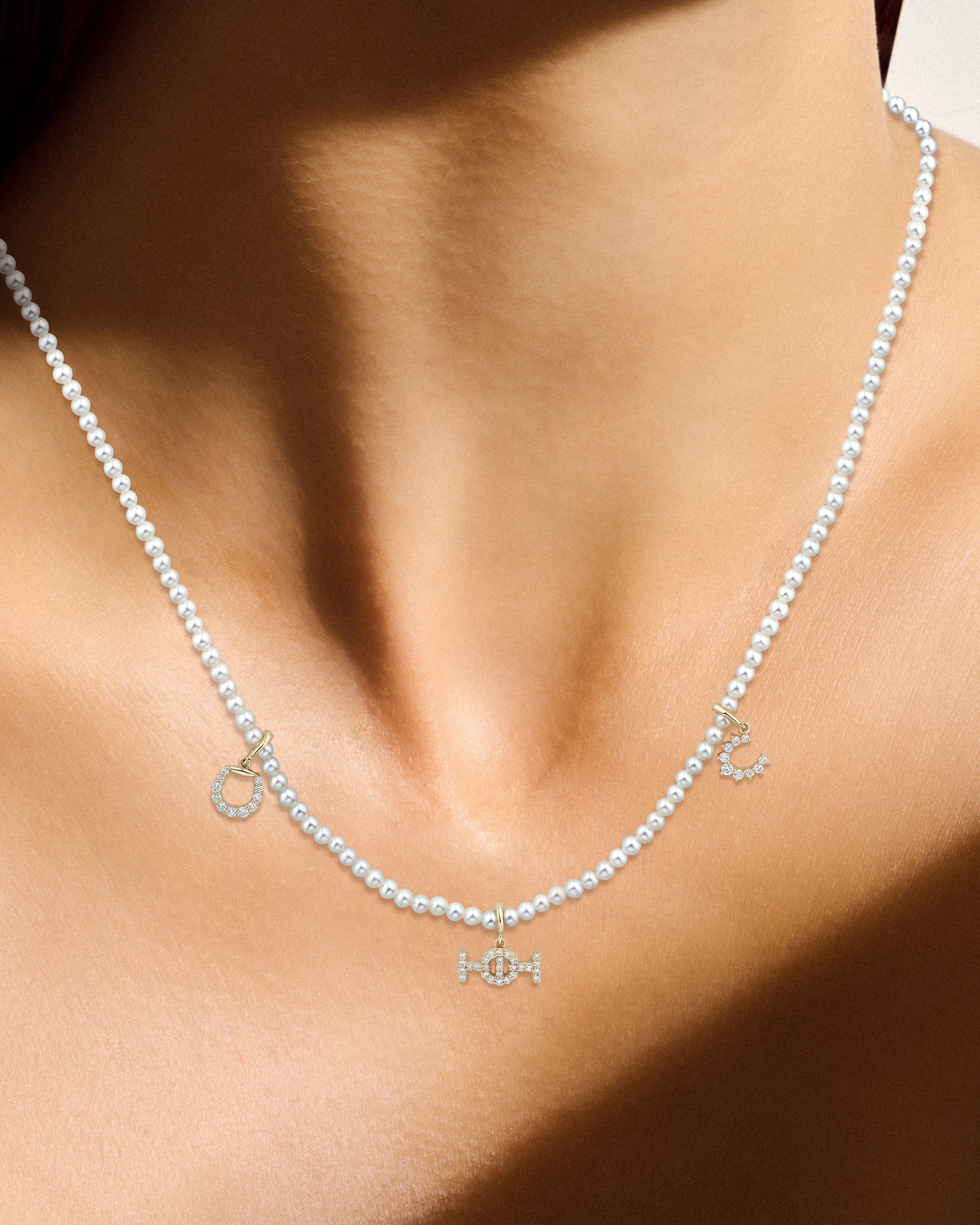 Galloping pearls - 9K Necklace in Yellow Gold with White Diamonds — on model, TOTI equestrian jewellery